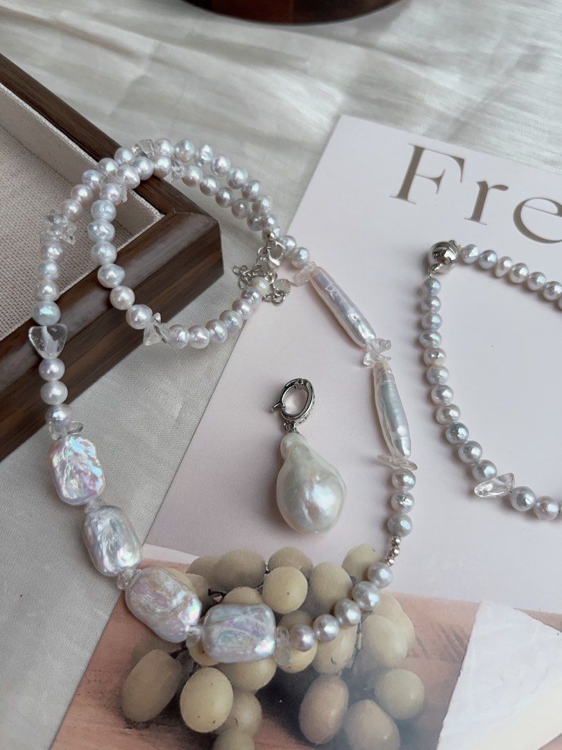 #PN927 Freshwater Pearl Necklace & Bracelet Set | Square Baroque | Stick Shape | Clear Quartz | Removable Fishtail Baroque | Lustrous | Elegance Speaks Volume | Perfect for Gift 💝