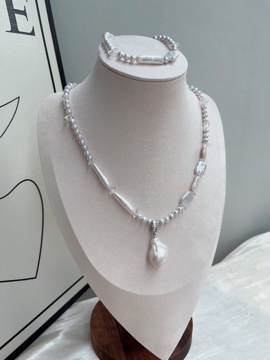 #PN927 Freshwater Pearl Necklace & Bracelet Set | Square Baroque | Stick Shape | Clear Quartz | Removable Fishtail Baroque | Lustrous | Elegance Speaks Volume | Perfect for Gift 💝