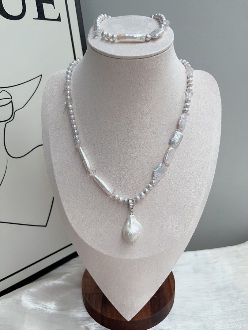 #PN927 Freshwater Pearl Necklace & Bracelet Set | Square Baroque | Stick Shape | Clear Quartz | Removable Fishtail Baroque | Lustrous | Elegance Speaks Volume | Perfect for Gift 💝