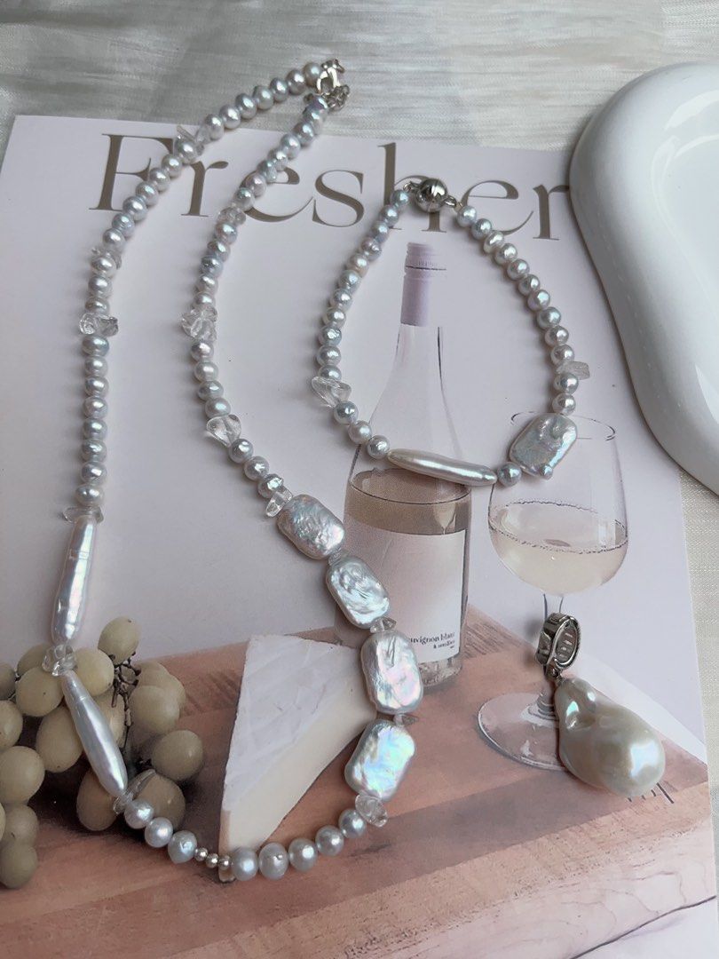 #PN927 Freshwater Pearl Necklace & Bracelet Set | Square Baroque | Stick Shape | Clear Quartz | Removable Fishtail Baroque | Lustrous | Elegance Speaks Volume | Perfect for Gift 💝