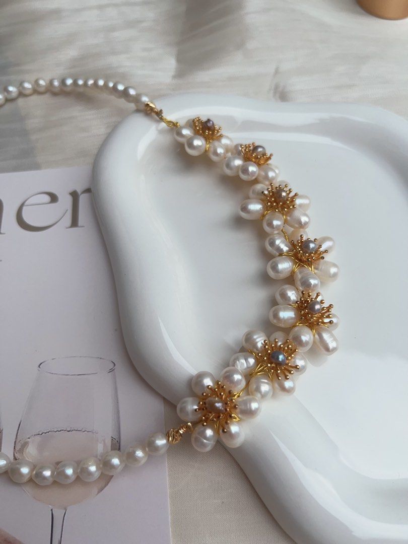 #PN929 Freshwater Pearl Necklace | Life is A Dream| Winding Pearl Flower| Sunflowers 🌻 | 4-5mm Baby Pearl| 45cm| Natural Flaws| Heavy Crafts Jewelry