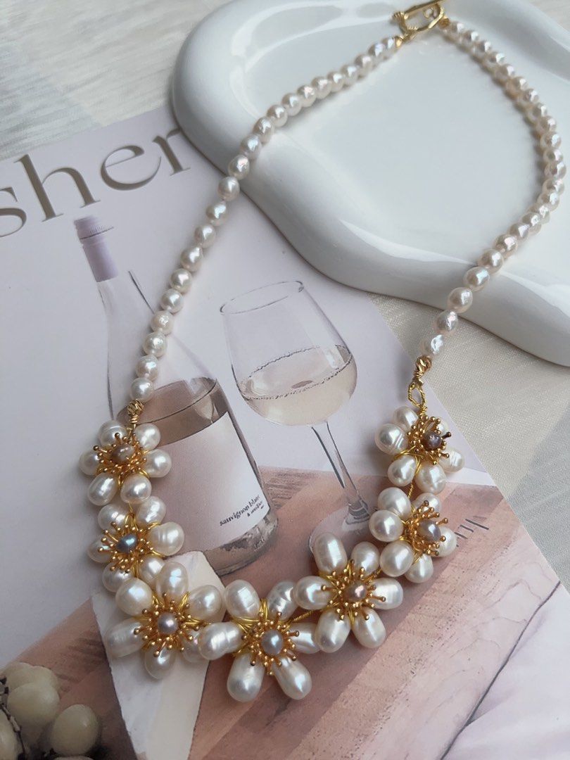 #PN929 Freshwater Pearl Necklace | Life is A Dream| Winding Pearl Flower| Sunflowers 🌻 | 4-5mm Baby Pearl| 45cm| Natural Flaws| Heavy Crafts Jewelry