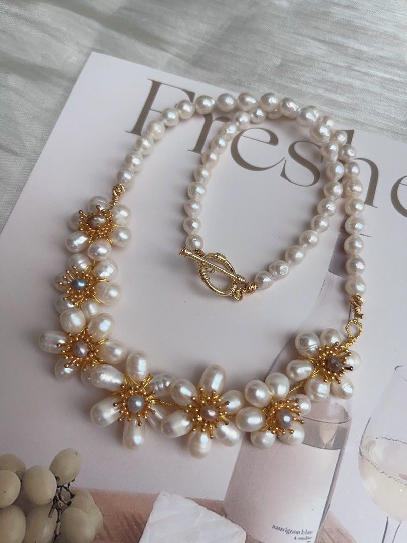 #PN929 Freshwater Pearl Necklace | Life is A Dream| Winding Pearl Flower| Sunflowers 🌻 | 4-5mm Baby Pearl| 45cm| Natural Flaws| Heavy Crafts Jewelry