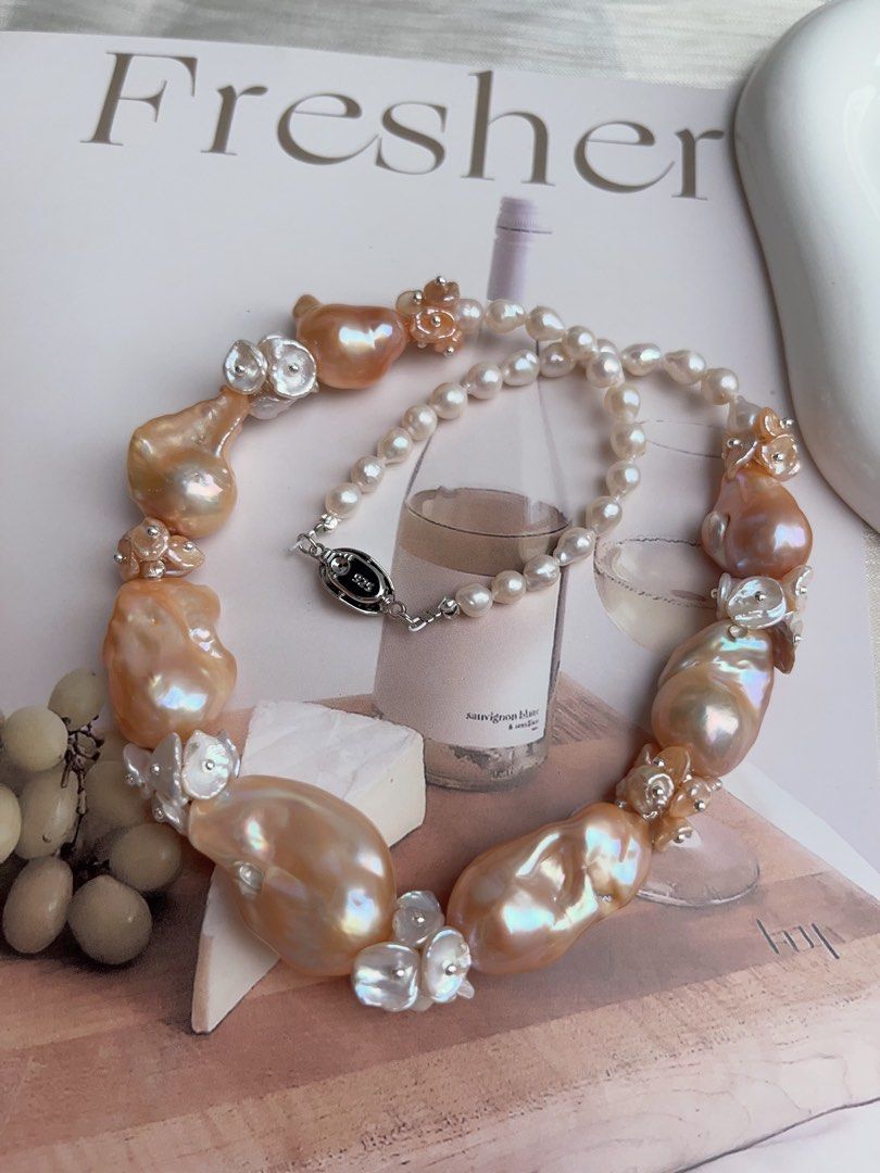 #PN930 [Floral Series] Freshwater Pearl Necklace | Pink-Orange Fishtail Baroque | Summer Orange Juice | Natural Flaws| White, Orange Petals | 43cm| Natural Beauty For You| Golden Splendid