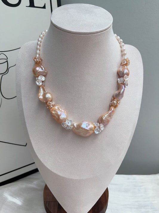 #PN930 [Floral Series] Freshwater Pearl Necklace | Pink-Orange Fishtail Baroque | Summer Orange Juice | Natural Flaws| White, Orange Petals | 43cm| Natural Beauty For You| Golden Splendid