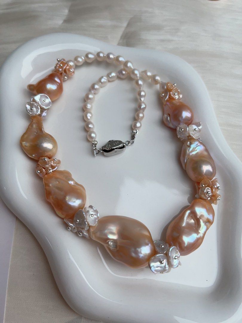 #PN930 [Floral Series] Freshwater Pearl Necklace | Pink-Orange Fishtail Baroque | Summer Orange Juice | Natural Flaws| White, Orange Petals | 43cm| Natural Beauty For You| Golden Splendid