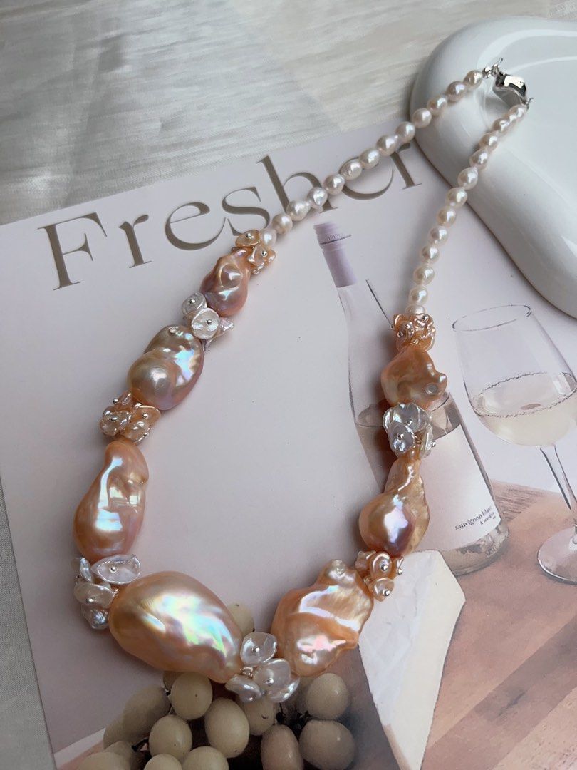 #PN930 [Floral Series] Freshwater Pearl Necklace | Pink-Orange Fishtail Baroque | Summer Orange Juice | Natural Flaws| White, Orange Petals | 43cm| Natural Beauty For You| Golden Splendid