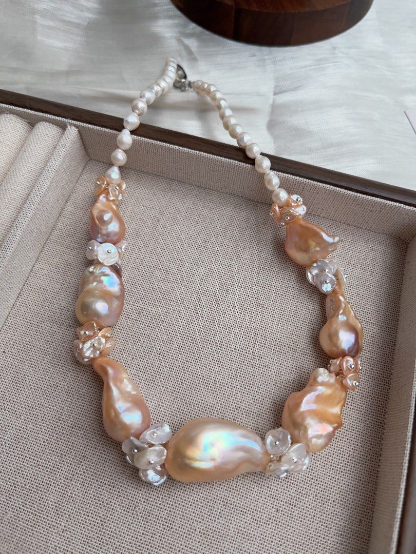 #PN930 [Floral Series] Freshwater Pearl Necklace | Pink-Orange Fishtail Baroque | Summer Orange Juice | Natural Flaws| White, Orange Petals | 43cm| Natural Beauty For You| Golden Splendid