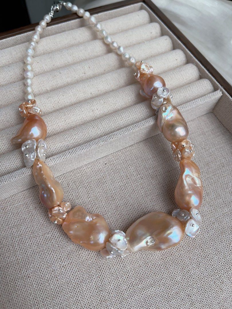 #PN930 [Floral Series] Freshwater Pearl Necklace | Pink-Orange Fishtail Baroque | Summer Orange Juice | Natural Flaws| White, Orange Petals | 43cm| Natural Beauty For You| Golden Splendid