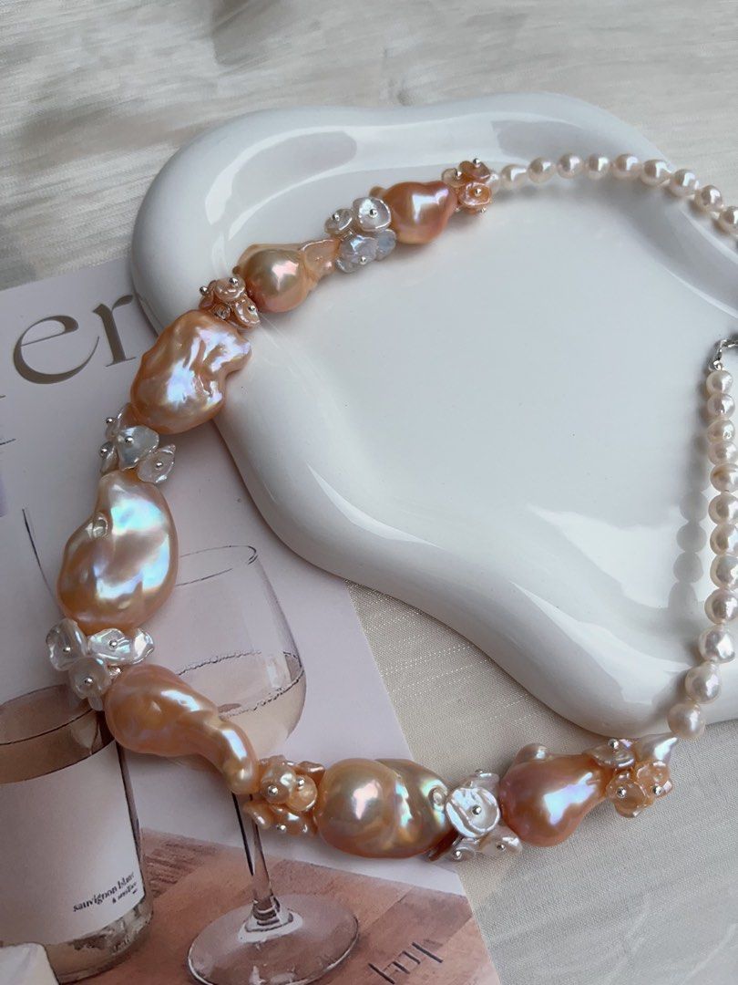 #PN930 [Floral Series] Freshwater Pearl Necklace | Pink-Orange Fishtail Baroque | Summer Orange Juice | Natural Flaws| White, Orange Petals | 43cm| Natural Beauty For You| Golden Splendid