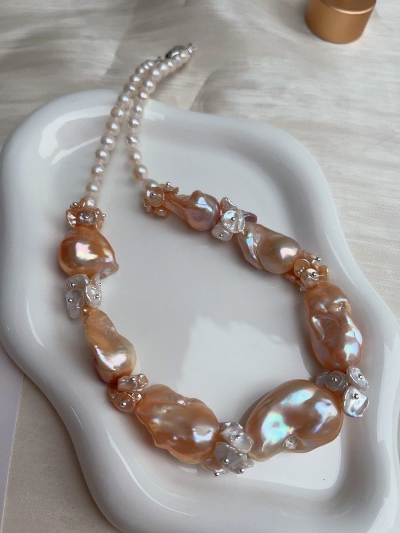 #PN930 [Floral Series] Freshwater Pearl Necklace | Pink-Orange Fishtail Baroque | Summer Orange Juice | Natural Flaws| White, Orange Petals | 43cm| Natural Beauty For You| Golden Splendid