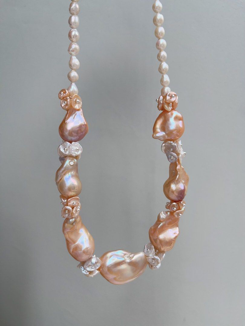 #PN930 [Floral Series] Freshwater Pearl Necklace | Pink-Orange Fishtail Baroque | Summer Orange Juice | Natural Flaws| White, Orange Petals | 43cm| Natural Beauty For You| Golden Splendid
