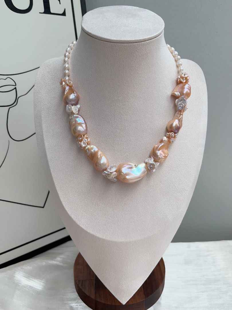 #PN930 [Floral Series] Freshwater Pearl Necklace | Pink-Orange Fishtail Baroque | Summer Orange Juice | Natural Flaws| White, Orange Petals | 43cm| Natural Beauty For You| Golden Splendid