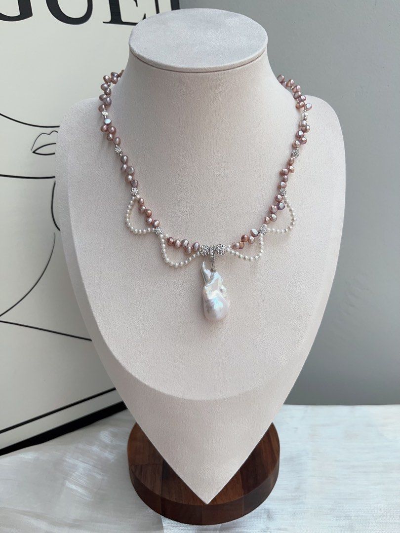 #PN938 Freshwater Pearl Necklace | Two Removable Pendants | Purple Baby Stone Pearl| Metallic Lustre | 3mm Baby Pearl Laces | 30mm Big Baroque Pendant | Romance & Elegance | Perfect for Gift 💝