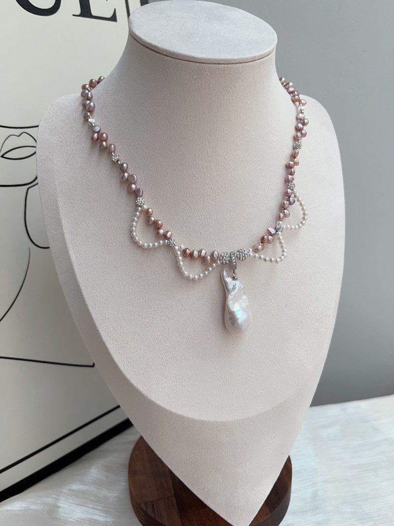#PN938 Freshwater Pearl Necklace | Two Removable Pendants | Purple Baby Stone Pearl| Metallic Lustre | 3mm Baby Pearl Laces | 30mm Big Baroque Pendant | Romance & Elegance | Perfect for Gift 💝