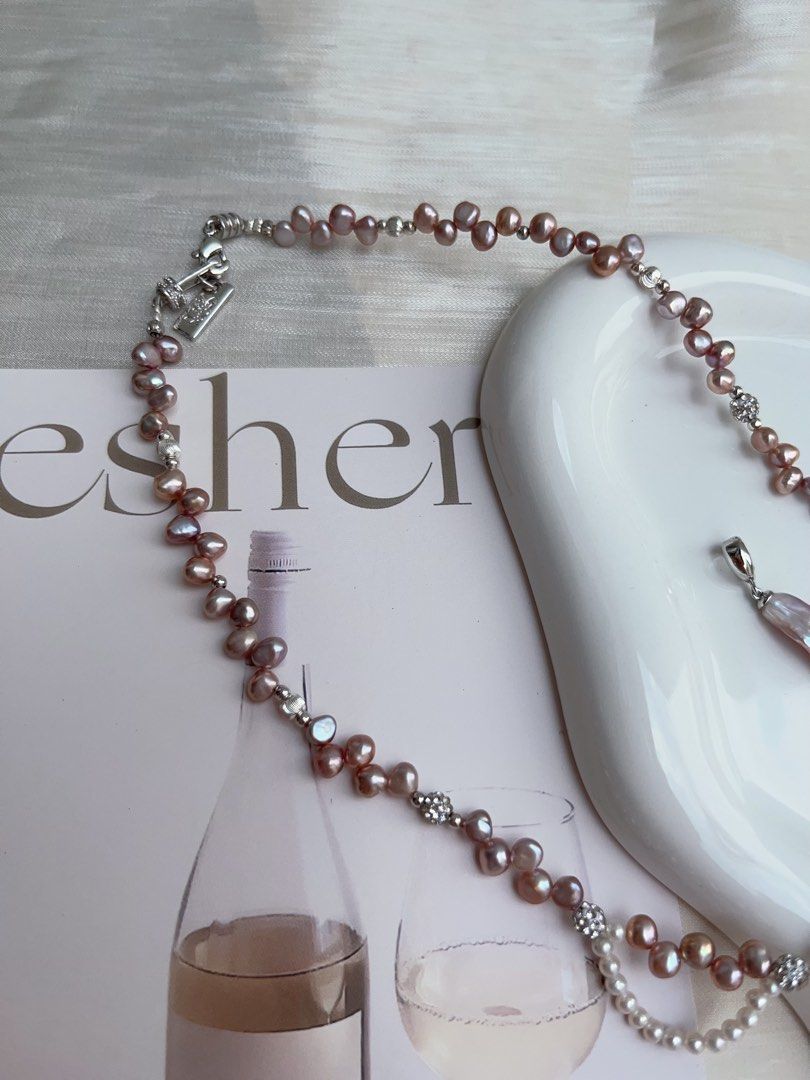 #PN938 Freshwater Pearl Necklace | Two Removable Pendants | Purple Baby Stone Pearl| Metallic Lustre | 3mm Baby Pearl Laces | 30mm Big Baroque Pendant | Romance & Elegance | Perfect for Gift 💝