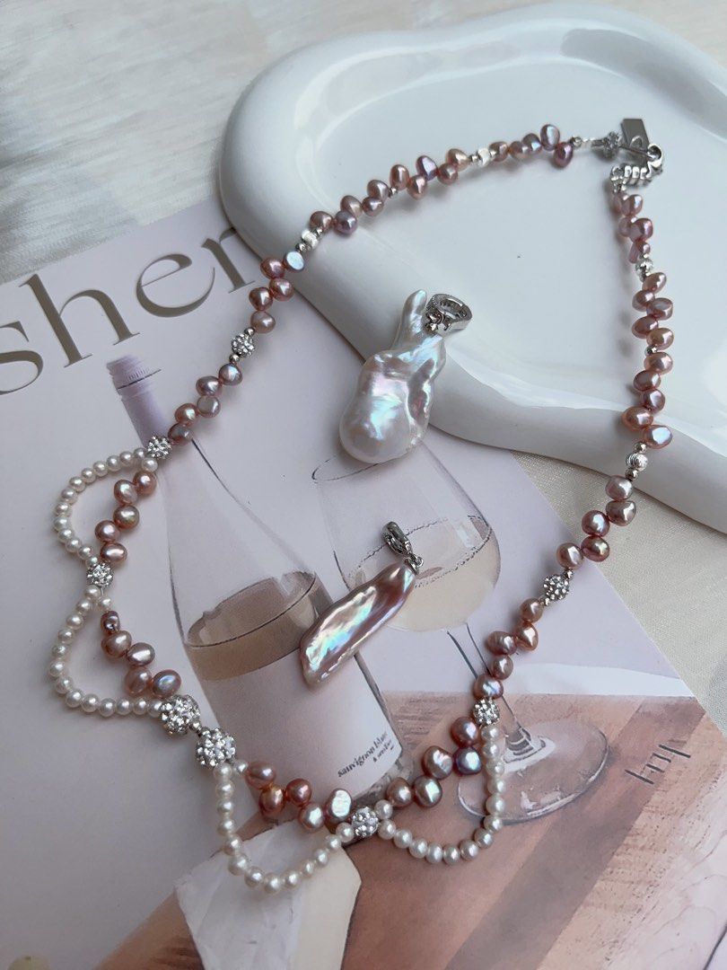 #PN938 Freshwater Pearl Necklace | Two Removable Pendants | Purple Baby Stone Pearl| Metallic Lustre | 3mm Baby Pearl Laces | 30mm Big Baroque Pendant | Romance & Elegance | Perfect for Gift 💝