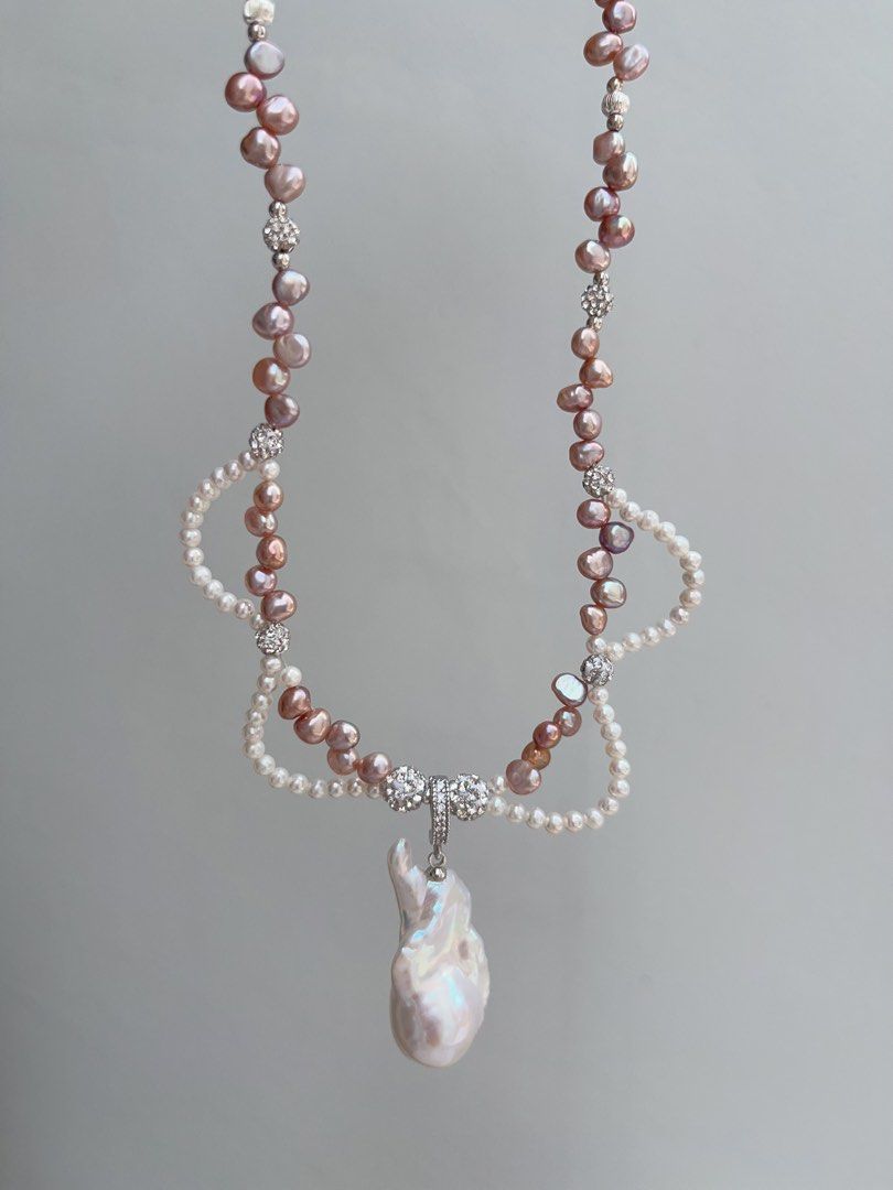 #PN938 Freshwater Pearl Necklace | Two Removable Pendants | Purple Baby Stone Pearl| Metallic Lustre | 3mm Baby Pearl Laces | 30mm Big Baroque Pendant | Romance & Elegance | Perfect for Gift 💝