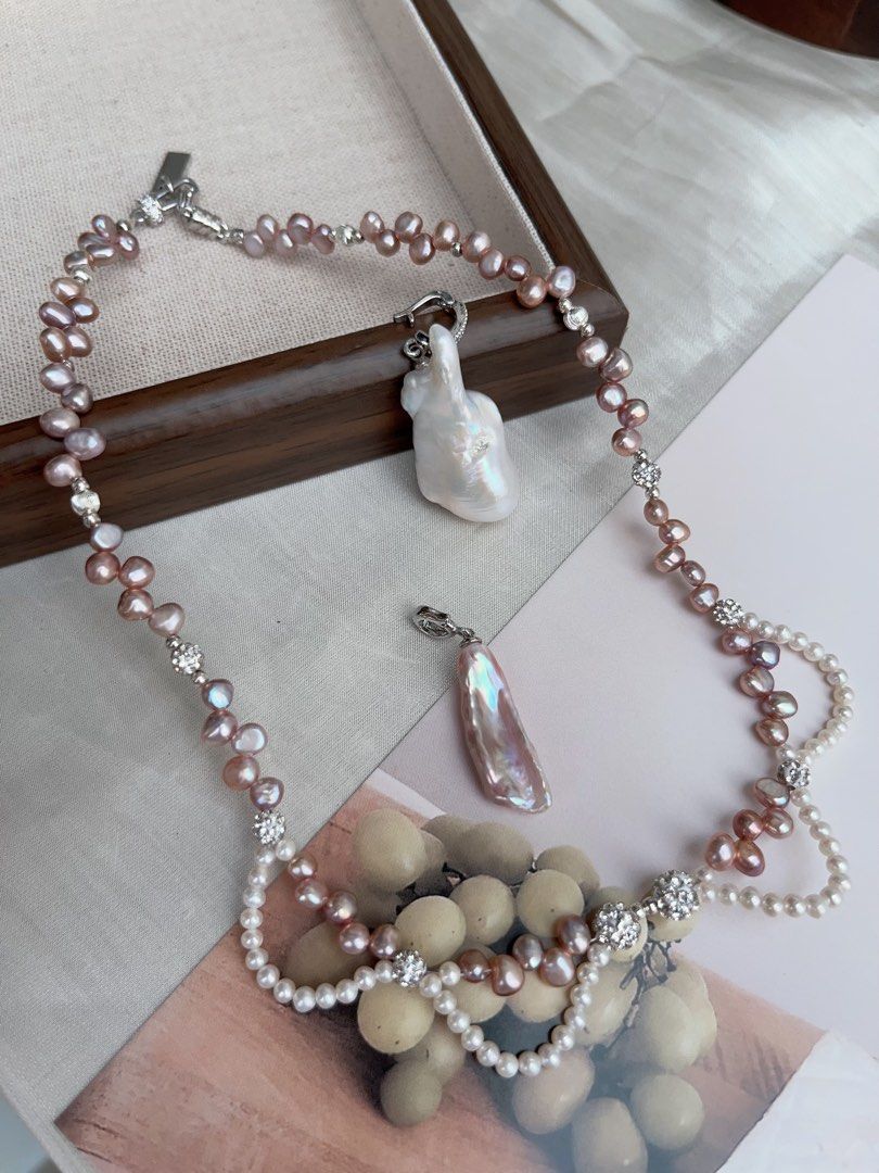 #PN938 Freshwater Pearl Necklace | Two Removable Pendants | Purple Baby Stone Pearl| Metallic Lustre | 3mm Baby Pearl Laces | 30mm Big Baroque Pendant | Romance & Elegance | Perfect for Gift 💝