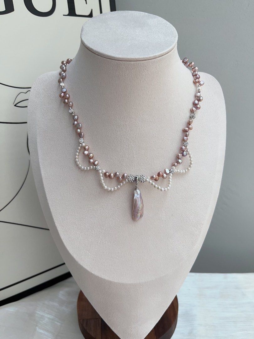 #PN938 Freshwater Pearl Necklace | Two Removable Pendants | Purple Baby Stone Pearl| Metallic Lustre | 3mm Baby Pearl Laces | 30mm Big Baroque Pendant | Romance & Elegance | Perfect for Gift 💝