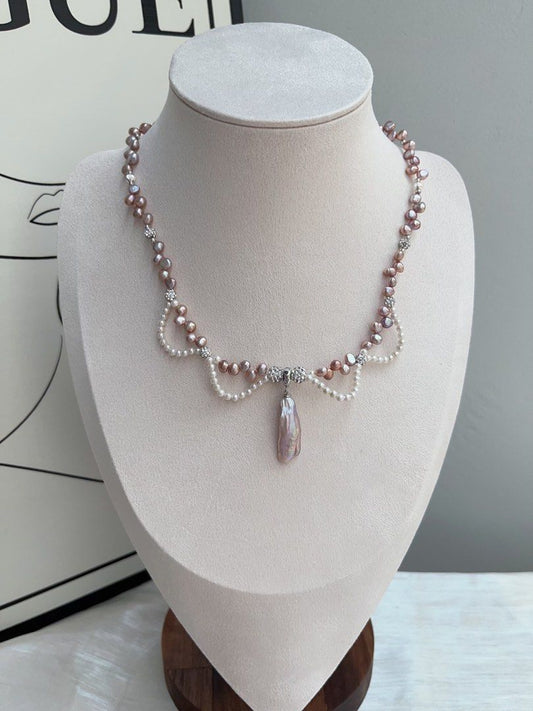 #PN938 Freshwater Pearl Necklace | Two Removable Pendants | Purple Baby Stone Pearl| Metallic Lustre | 3mm Baby Pearl Laces | 30mm Big Baroque Pendant | Romance & Elegance | Perfect for Gift 💝