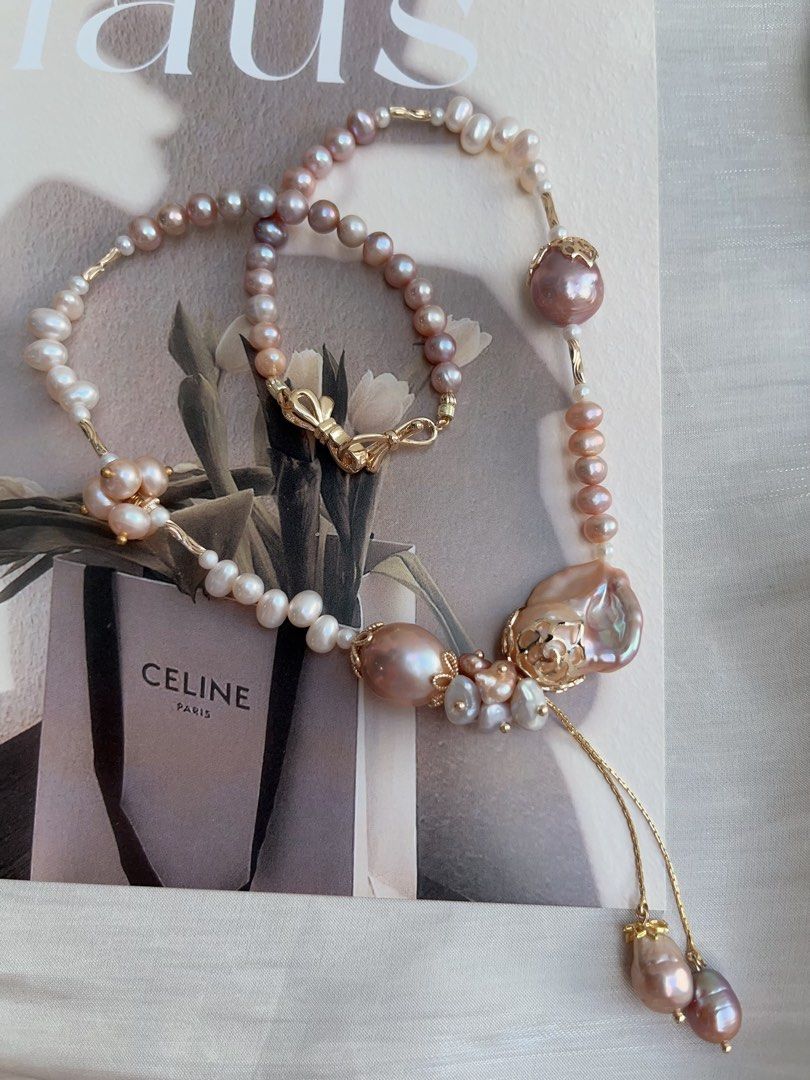 #PN941 [Floral Series] Freshwater Pearl Necklace | Big Fishtail Baroque | Avocado Lustre| 42cm| Excellent Lustre | Dangling Baroque | Petals| From the Sea to Your Jewelry Box