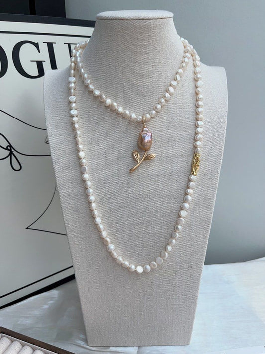 #PN959 Freshwater Pearl Necklace | 116cm Long Sweater Necklace | 3 Rounds| 8-9mm Baroque | Removable Fishtail Baroque | A Bouquet of Tulip 🌷