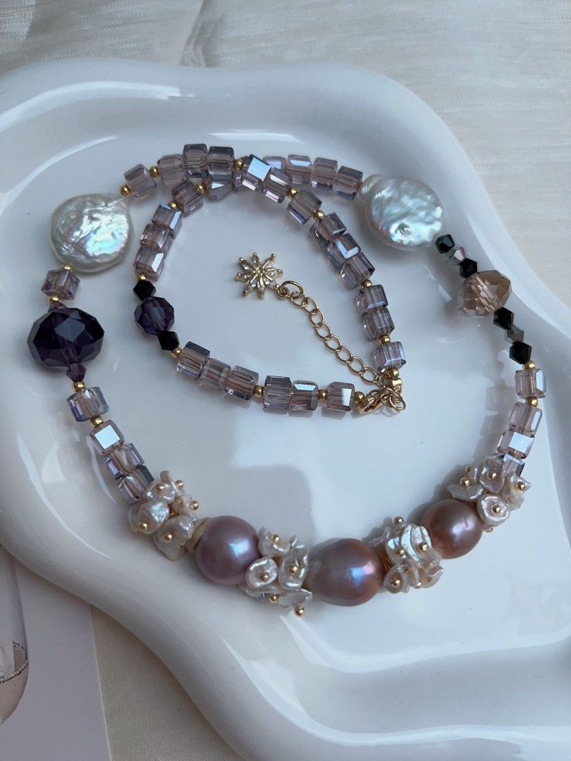 #PN960 [Floral Series] Freshwater Pearl Necklace | UFO Baroque | Lustrous Purple Baroque| Amethyst Faceted | Bohemian Style | Effortless Beauty