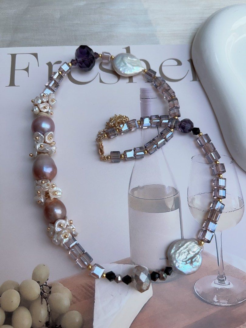 #PN960 [Floral Series] Freshwater Pearl Necklace | UFO Baroque | Lustrous Purple Baroque| Amethyst Faceted | Bohemian Style | Effortless Beauty