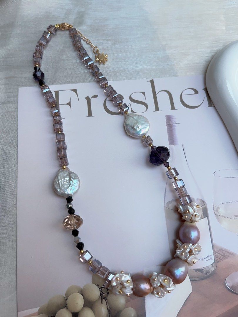 #PN960 [Floral Series] Freshwater Pearl Necklace | UFO Baroque | Lustrous Purple Baroque| Amethyst Faceted | Bohemian Style | Effortless Beauty