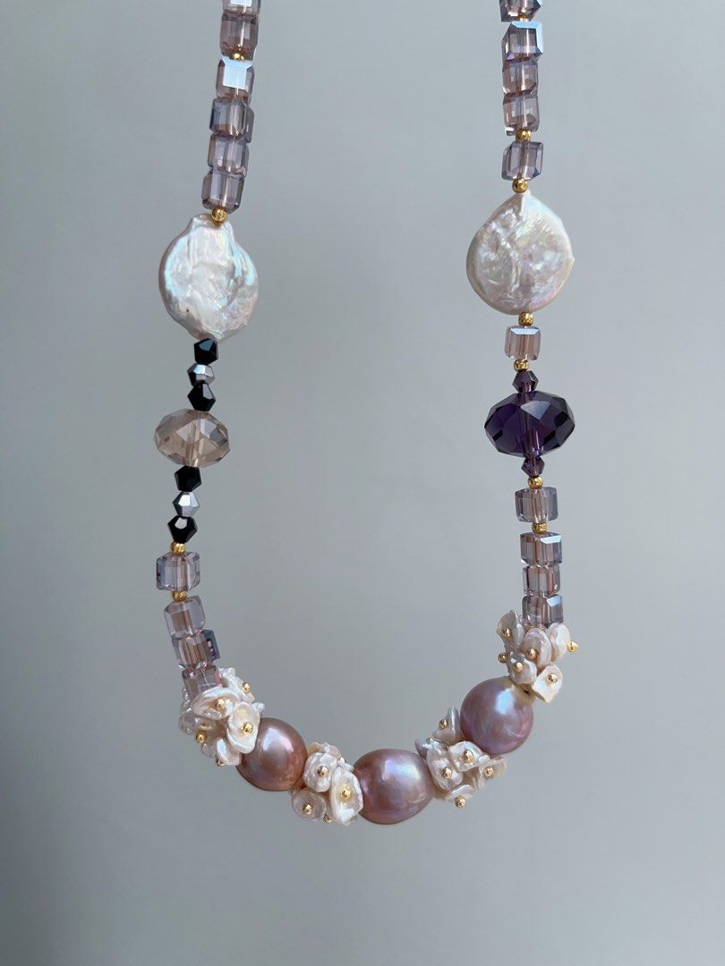 #PN960 [Floral Series] Freshwater Pearl Necklace | UFO Baroque | Lustrous Purple Baroque| Amethyst Faceted | Bohemian Style | Effortless Beauty