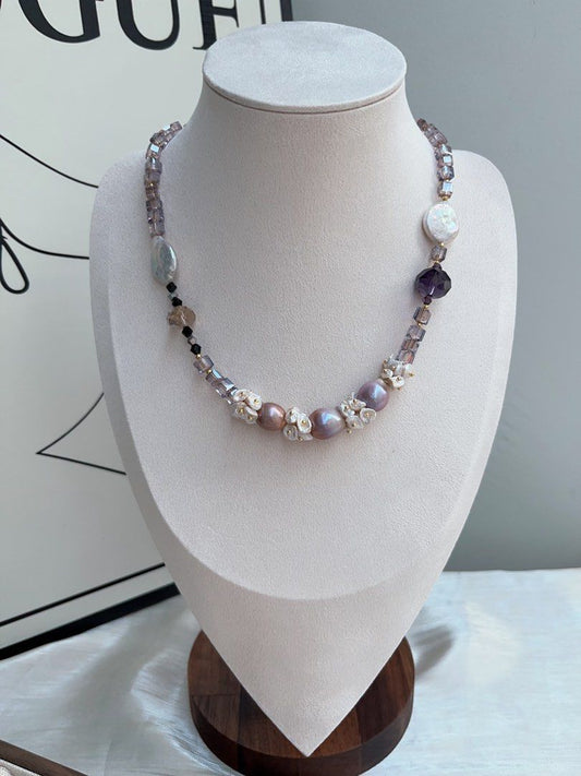 #PN960 [Floral Series] Freshwater Pearl Necklace | UFO Baroque | Lustrous Purple Baroque| Amethyst Faceted | Bohemian Style | Effortless Beauty