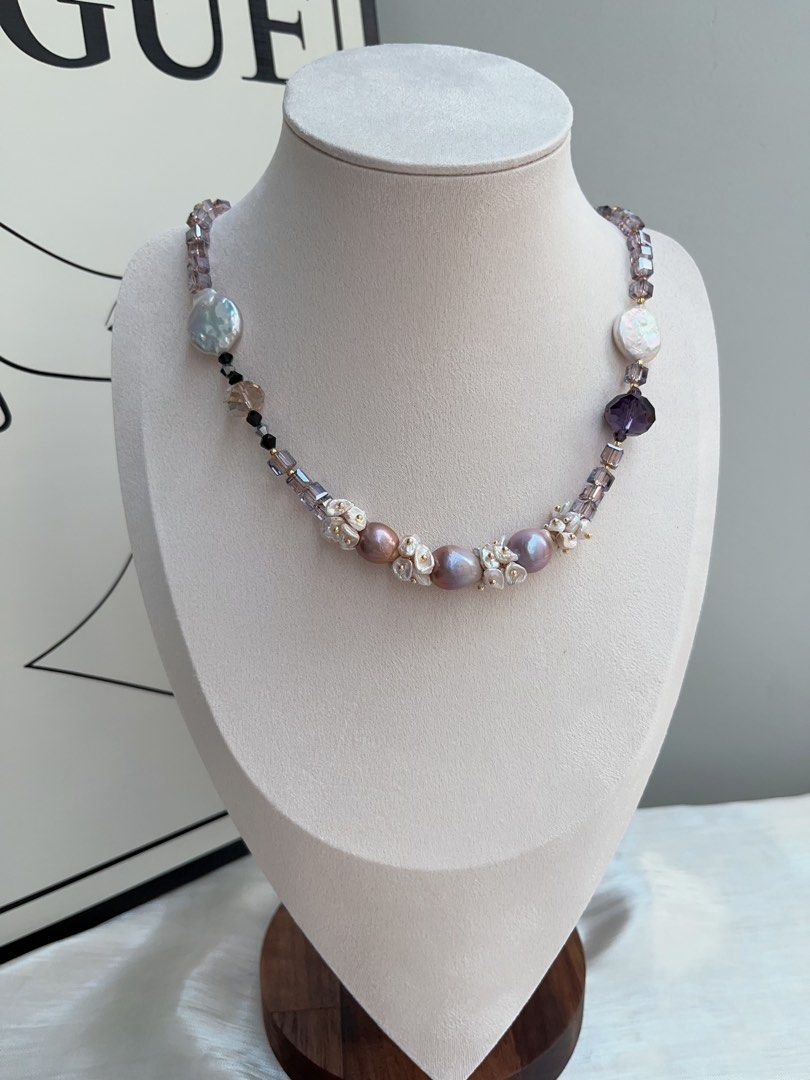 #PN960 [Floral Series] Freshwater Pearl Necklace | UFO Baroque | Lustrous Purple Baroque| Amethyst Faceted | Bohemian Style | Effortless Beauty