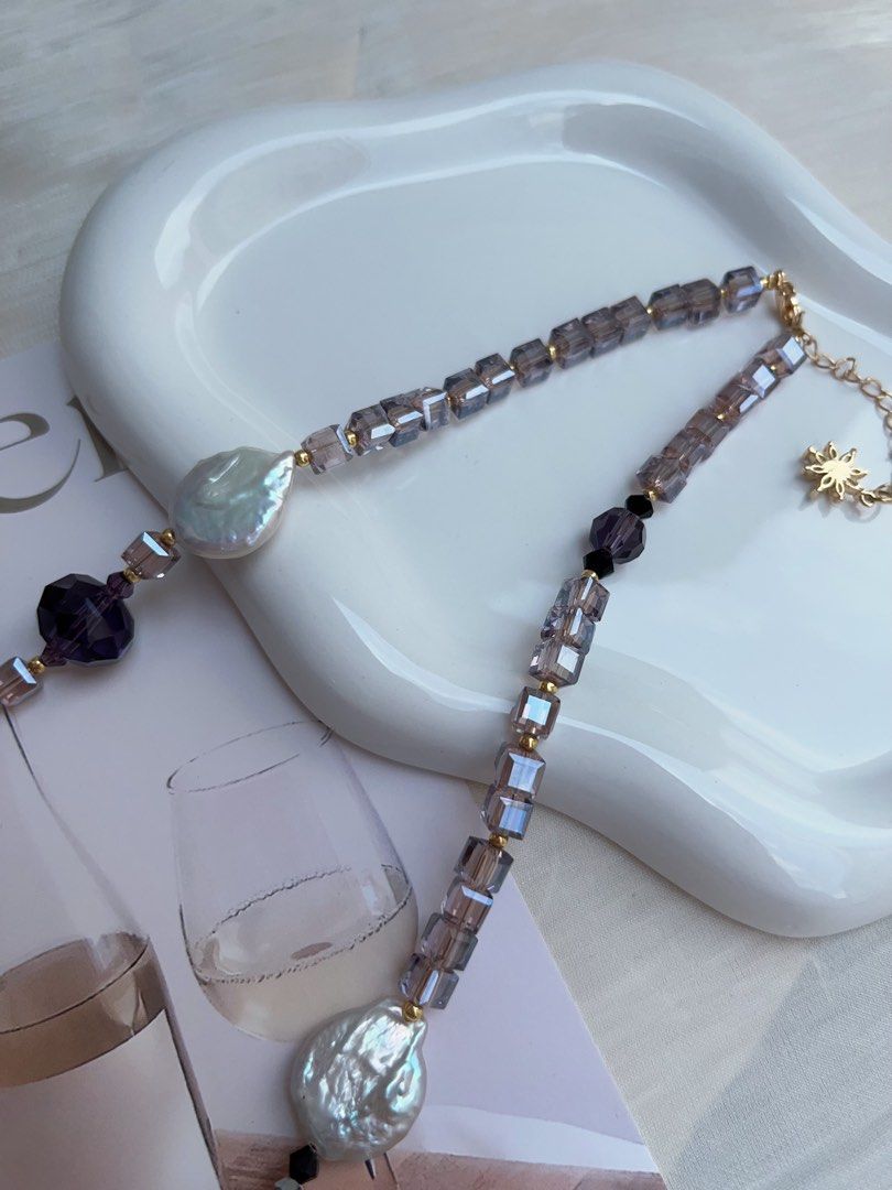 #PN960 [Floral Series] Freshwater Pearl Necklace | UFO Baroque | Lustrous Purple Baroque| Amethyst Faceted | Bohemian Style | Effortless Beauty