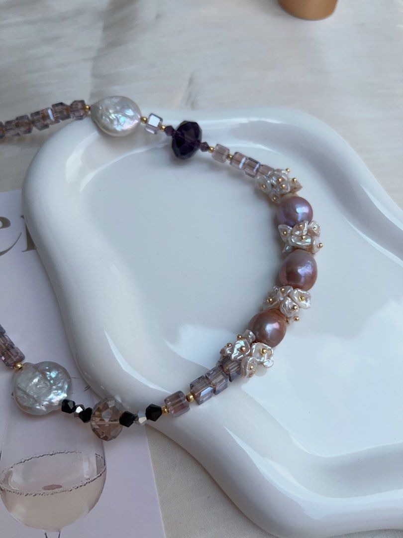 #PN960 [Floral Series] Freshwater Pearl Necklace | UFO Baroque | Lustrous Purple Baroque| Amethyst Faceted | Bohemian Style | Effortless Beauty