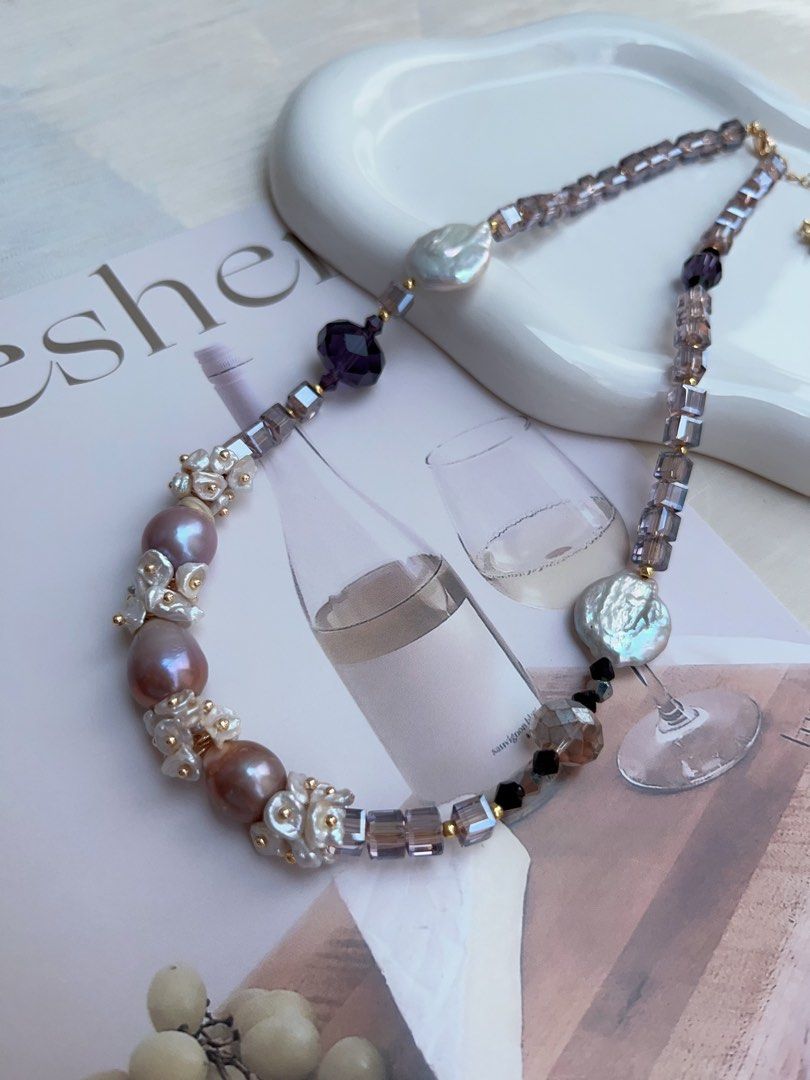 #PN960 [Floral Series] Freshwater Pearl Necklace | UFO Baroque | Lustrous Purple Baroque| Amethyst Faceted | Bohemian Style | Effortless Beauty