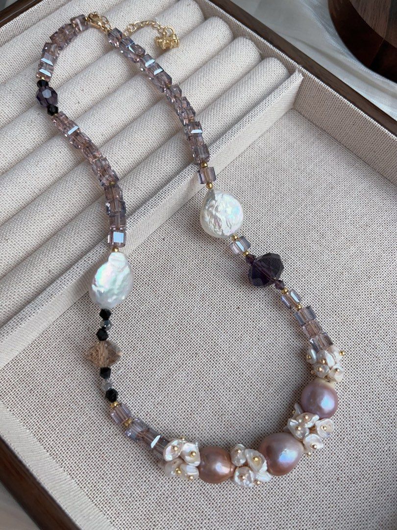 #PN960 [Floral Series] Freshwater Pearl Necklace | UFO Baroque | Lustrous Purple Baroque| Amethyst Faceted | Bohemian Style | Effortless Beauty