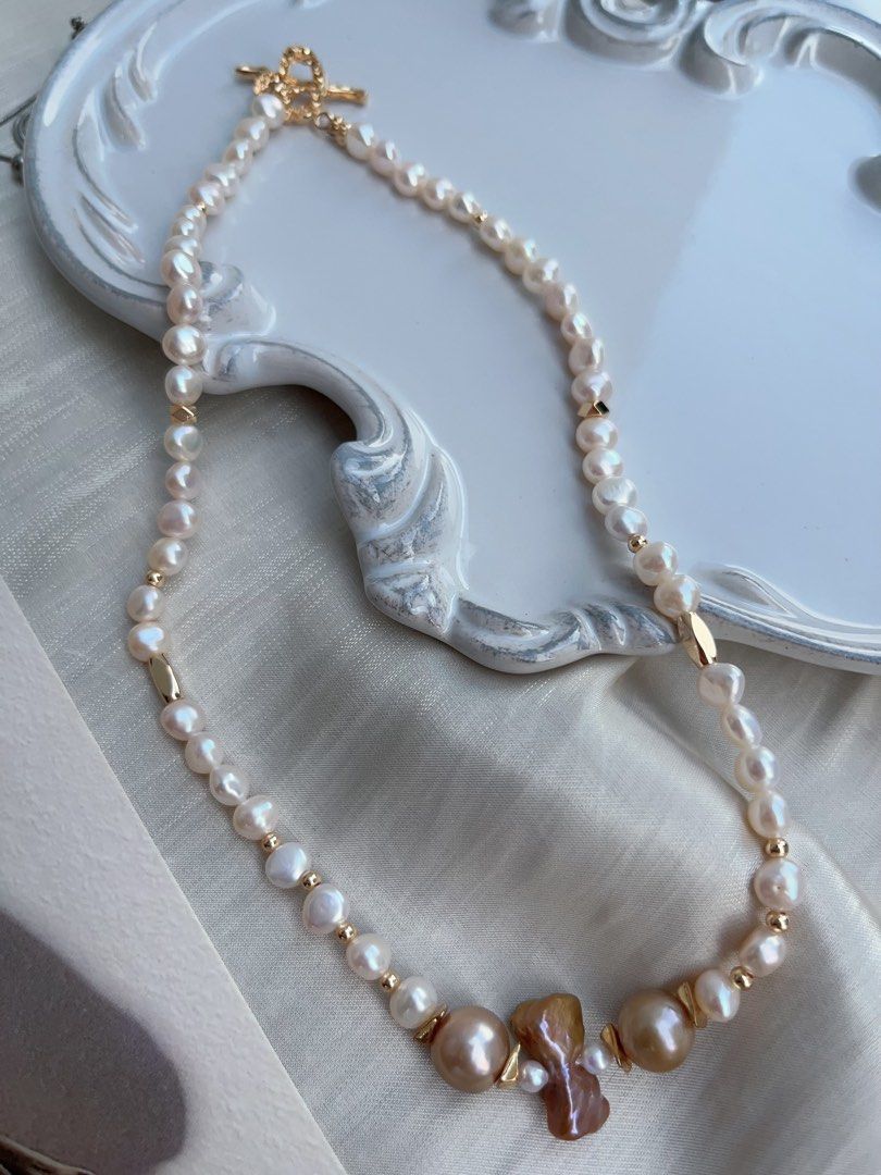 #PN942 Freshwater Pearl Necklace | Golden Baroque | Golden Purple Ribbon 🎀 Pearl| Heart Clasp | For the Women Who Love Elegance