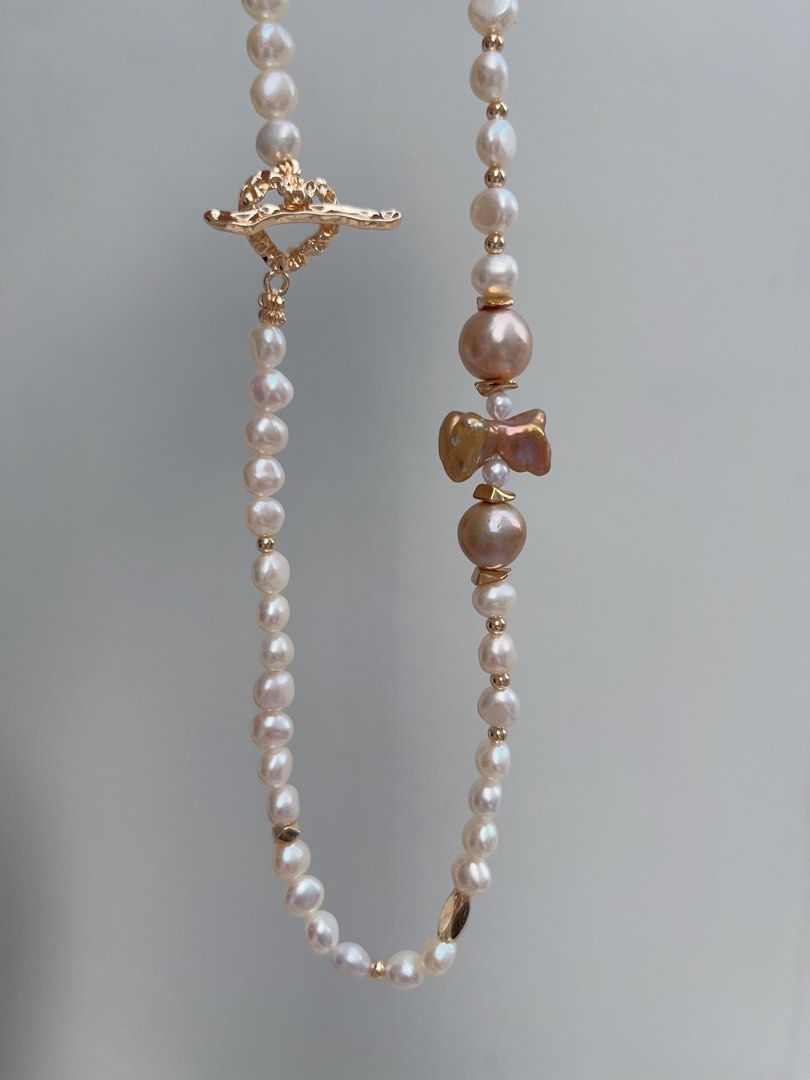 #PN942 Freshwater Pearl Necklace | Golden Baroque | Golden Purple Ribbon 🎀 Pearl| Heart Clasp | For the Women Who Love Elegance