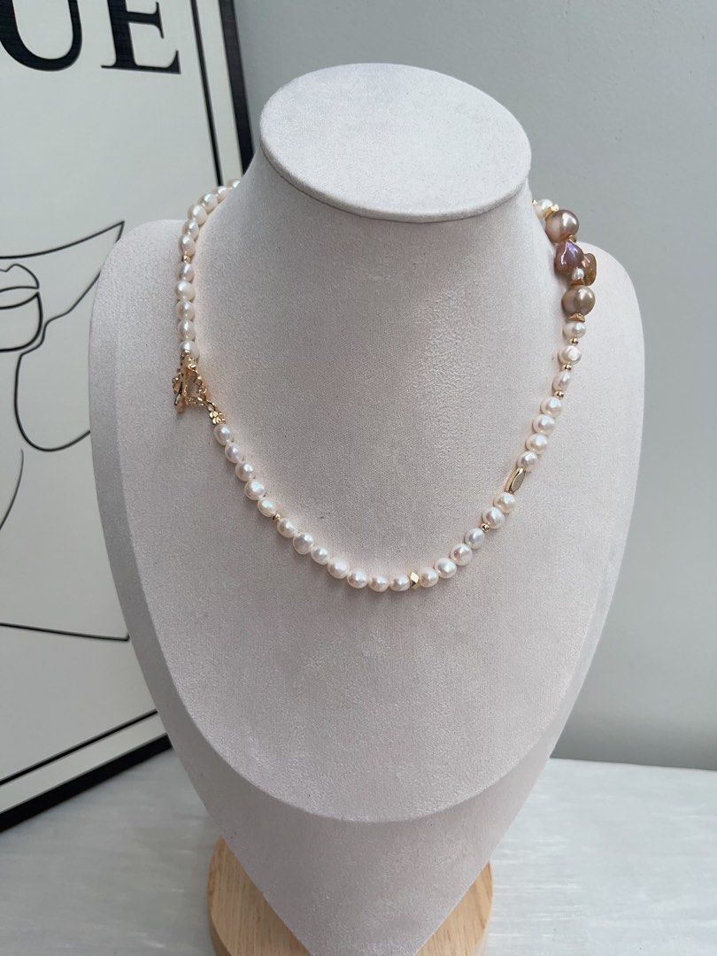 #PN942 Freshwater Pearl Necklace | Golden Baroque | Golden Purple Ribbon 🎀 Pearl| Heart Clasp | For the Women Who Love Elegance