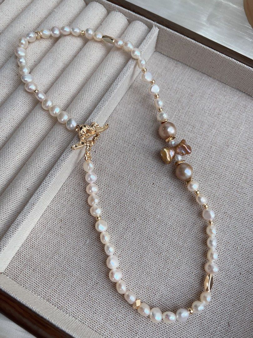 #PN942 Freshwater Pearl Necklace | Golden Baroque | Golden Purple Ribbon 🎀 Pearl| Heart Clasp | For the Women Who Love Elegance
