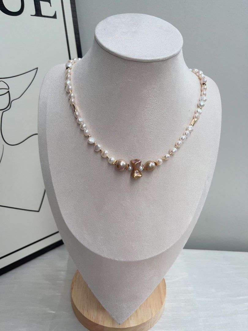 #PN942 Freshwater Pearl Necklace | Golden Baroque | Golden Purple Ribbon 🎀 Pearl| Heart Clasp | For the Women Who Love Elegance