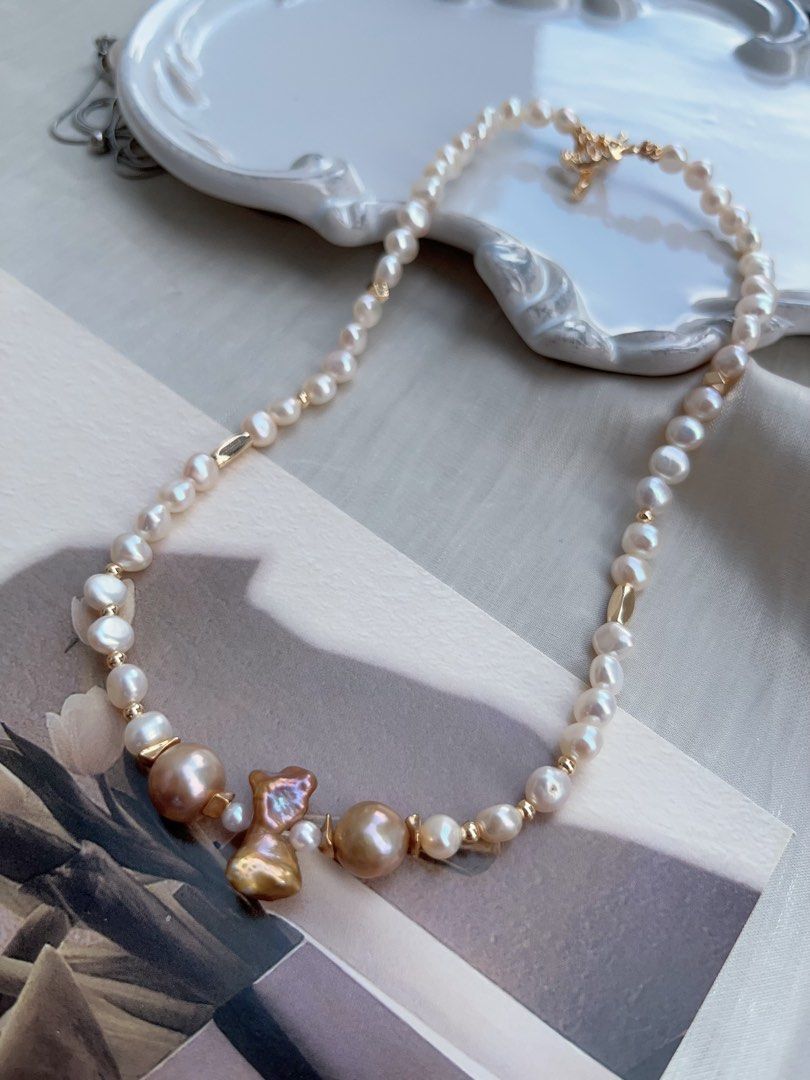 #PN942 Freshwater Pearl Necklace | Golden Baroque | Golden Purple Ribbon 🎀 Pearl| Heart Clasp | For the Women Who Love Elegance