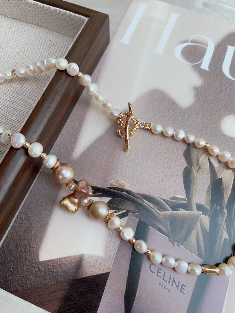 #PN942 Freshwater Pearl Necklace | Golden Baroque | Golden Purple Ribbon 🎀 Pearl| Heart Clasp | For the Women Who Love Elegance