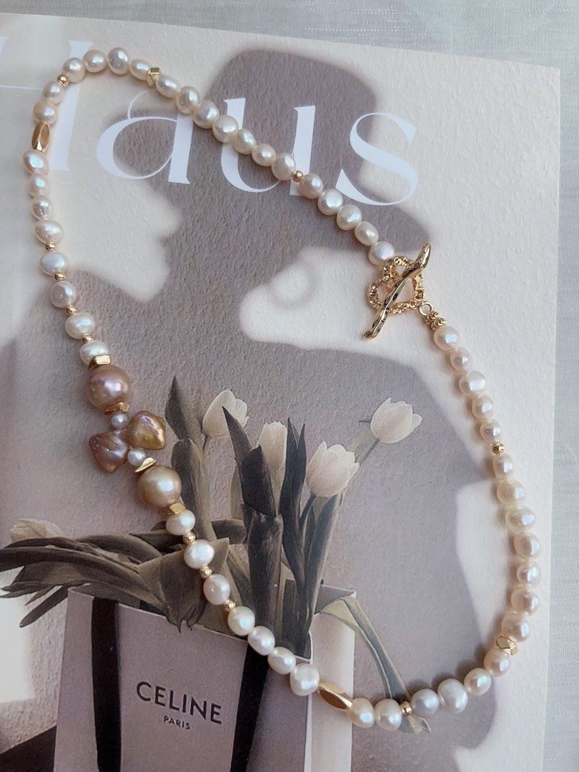 #PN942 Freshwater Pearl Necklace | Golden Baroque | Golden Purple Ribbon 🎀 Pearl| Heart Clasp | For the Women Who Love Elegance