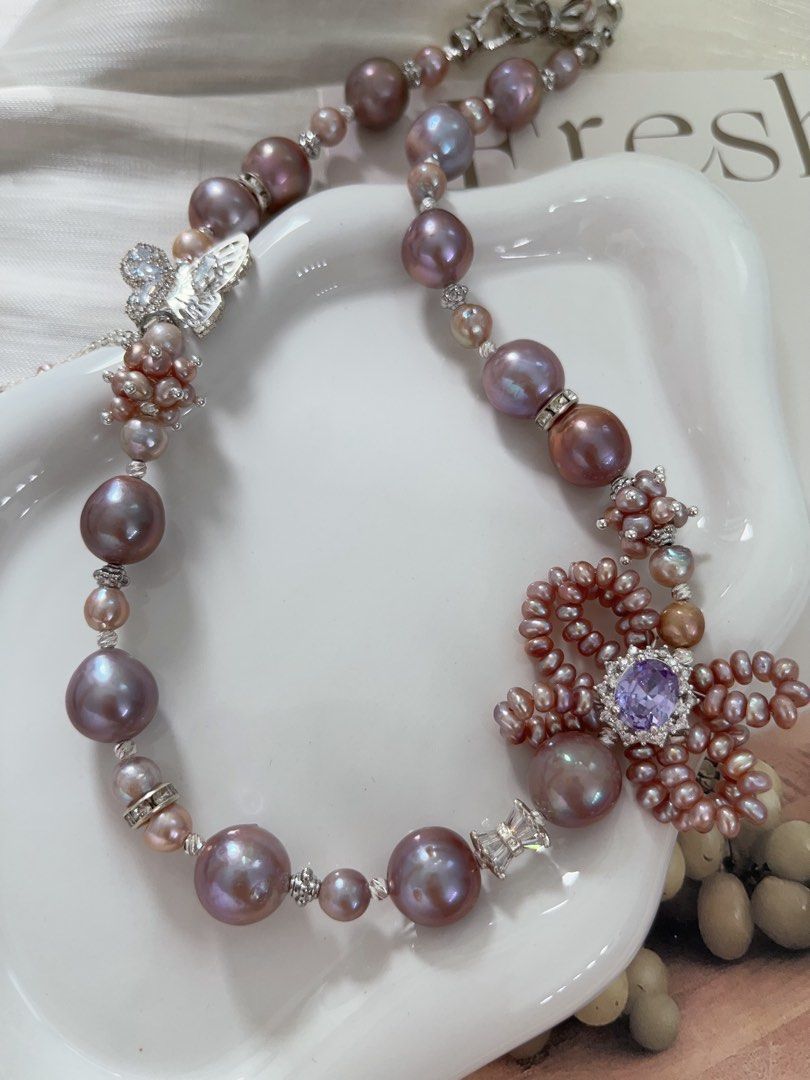 #PN961 [Floral Series] Freshwater Pearl Necklace | Big Purple Baroque | Lustrous | 2-layered Ribbon| Butterfly | Dangling Metallic Purple Baroque | 43cm| Drape Yourself in Luxury