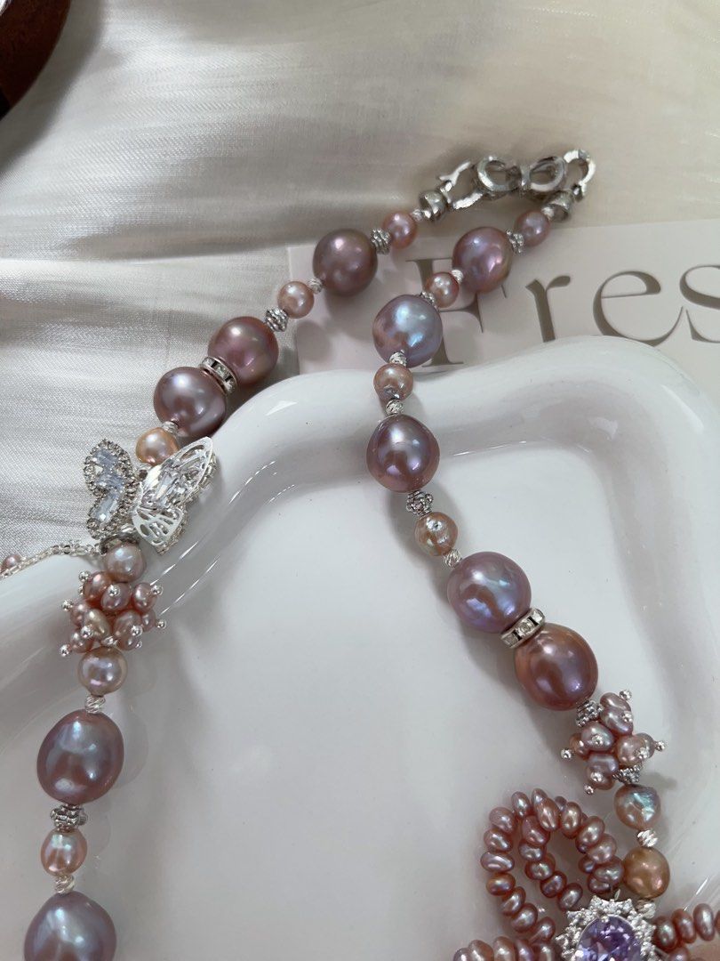 #PN961 [Floral Series] Freshwater Pearl Necklace | Big Purple Baroque | Lustrous | 2-layered Ribbon| Butterfly | Dangling Metallic Purple Baroque | 43cm| Drape Yourself in Luxury
