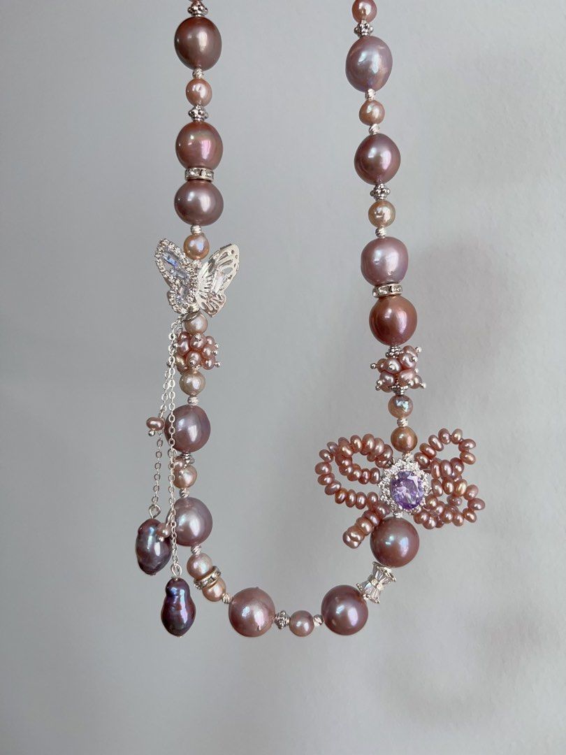 #PN961 [Floral Series] Freshwater Pearl Necklace | Big Purple Baroque | Lustrous | 2-layered Ribbon| Butterfly | Dangling Metallic Purple Baroque | 43cm| Drape Yourself in Luxury
