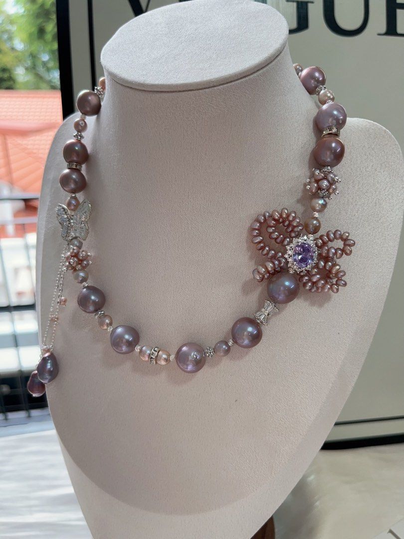 #PN961 [Floral Series] Freshwater Pearl Necklace | Big Purple Baroque | Lustrous | 2-layered Ribbon| Butterfly | Dangling Metallic Purple Baroque | 43cm| Drape Yourself in Luxury