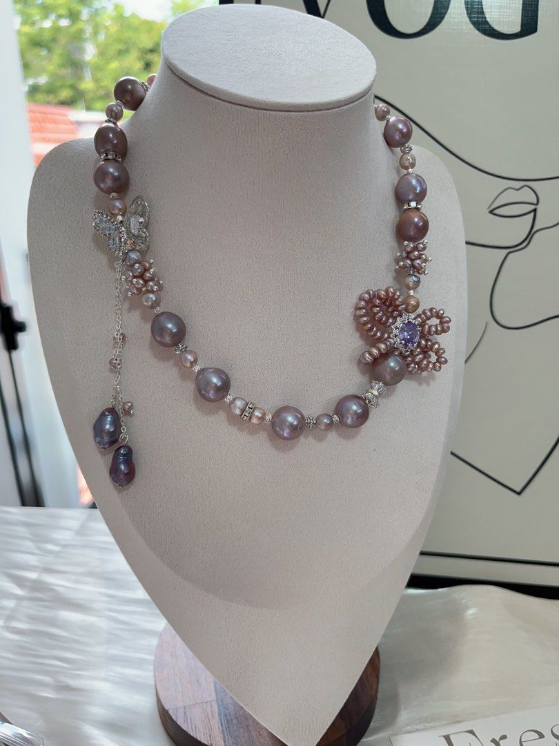 #PN961 [Floral Series] Freshwater Pearl Necklace | Big Purple Baroque | Lustrous | 2-layered Ribbon| Butterfly | Dangling Metallic Purple Baroque | 43cm| Drape Yourself in Luxury